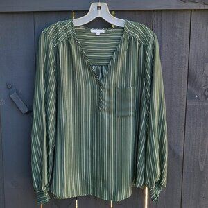 PLEIONE OLIVE/BLUE/WHITE STRIPED TUNIC BLOUSE LARGE
